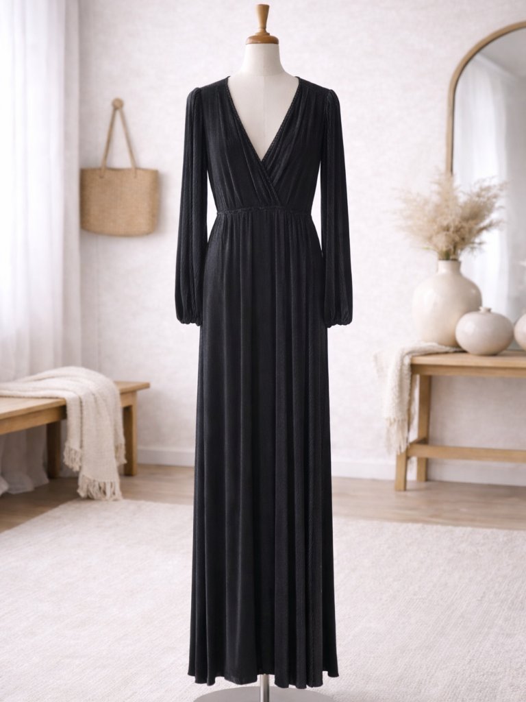 Baltic Born Venus Pleated Maxi Dress Long Sleeve V-Neck Medium Black